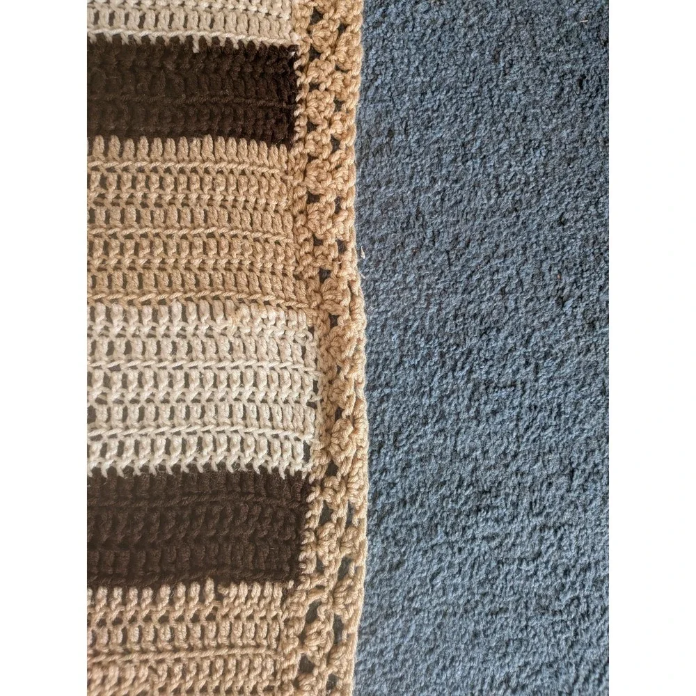 Vintage Handmade Crochet Afghan Throw Blanket 63x53 Tan Cream Brown Striped Farm